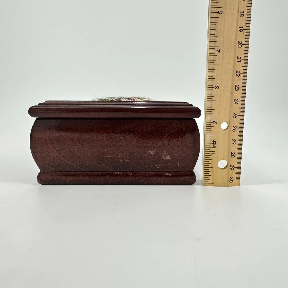 Vintage Floral Tapestry Wooden Jewelry Box Green‎ Velvet Lining Mirror Ring Roll